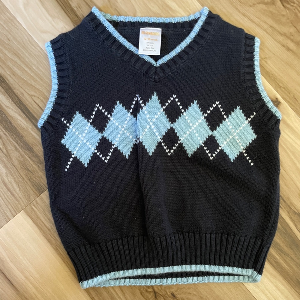 Gymboree Argyle Vest and Shorts Set Navy Blue Black Plaid 12-18 Months. … - Picture 2 of 10